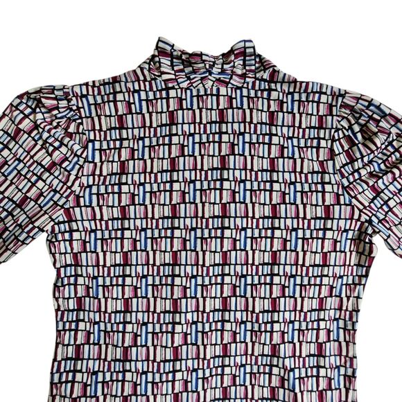 Rafaella Multi Color Black Burgundy Blue Geometric Subtle Puff 3/4 Sleeve Top M - Picture 5 of 10